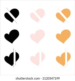 A set of broken hearts in black, pastel pink, and yellow. Flat icons.