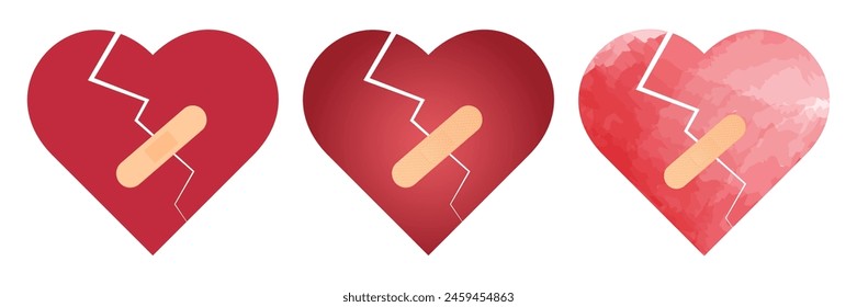 A set of broken hearts with cracks on which a medical patch has been carefully glued.