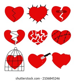 Conjunto de corazones rotos, con grietas, espinas, en picaduras, en una jaula, con un cuchillo y con yeso adhesivo. Símbolo de tristeza y dolor. Excelente para logo, afiche, camiseta, impresión. Ilustración del vector