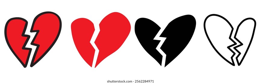 Set of broken hearts. Flat, outline, doodle. Hand drawn isolated icons. Vector Illustrations on white background.