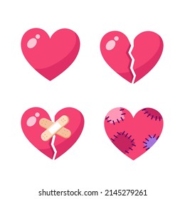 Set of broken hearts isolated on white background.