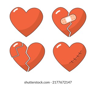 Set of broken hearts. Psychological problems and traumas, mental health. Bad relationships and unsuccessful love, quarrels and scandals. Cartoon flat vector illustrations isolated on white background