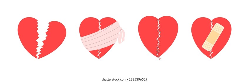 Set of broken hearts. A sewn heart, sealed with a plaster, wrapped in a bandage. Symbol of unrequited love or betrayal. Flat vector illustration.