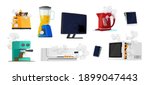 Set of Broken Home Appliances, Damaged Blender, Coffee Machine, Pc Monitor and Electric Kettle, Conditioner, Smartphone and Microwave. Destroyed Technics, Old Scrap Things. Cartoon Vector Illustration
