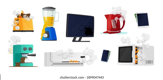 Conjunto de dispositivos para el hogar rotos, Blender dañado, Coffee Machine, Monitor de Pc y hervidor eléctrico, acondicionador, Smartphone y Microondas. Técnicas Destruidas, Cosas De Desecho Antiguo. Ilustración del vector de dibujos animados