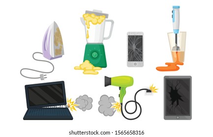 Set of broken household appliances. Vector illustration on a white background.