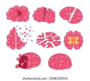 Set of broken human brain shape broken into pieces set collection with Breakdown concept, depression, sorrow symbol in doodle style. Mental health, psychology icon, alzheimer disease icon illustration