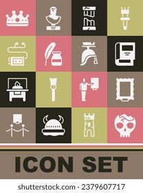 Set Broken human skull, Picture, History book, ancient column, Feather and inkwell, Museum audio guide, King crown and Roman army helmet icon. Vector