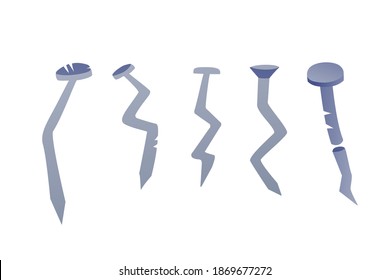 Set of broken iron nails on a white background. Curved nail shape, old tools.