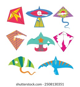 Set of broken kites torn set collection with string cut while flying kite fight, torn paper kite children toy garbage waste, festive wind kite game summer, flat vector illustration.