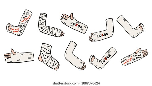 Set Of Broken Legs, Arms And Hands Cast Doodles With Funny Writings From Friends. Collection Of Injured Limbs In Gypsum Plasters. Get Well Soon Wishes. Media Glyph Graphic Icons