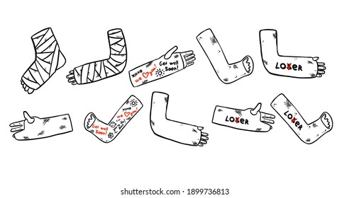 Set Of Broken Legs, Arms And Hands Cast Doodles With Funny Writings From Friends. Collection Of Injured Limbs In Gypsum Plasters. Get Well Soon Wishes. Media Glyph Graphic Icons