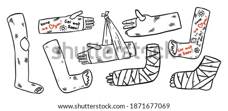 Set of broken legs, arms and hands cast doodles with positive writings from friends. Collection of injured limbs in gypsum plasters. Get well soon wishes. Media glyph graphic icons