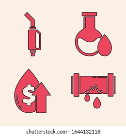 Set Broken metal pipe with leaking water, Gasoline pump nozzle, Oil petrol test tube and Oil price increase icon. Vector