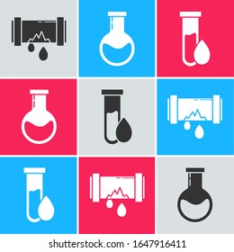 Coloque un tubo de metal roto con agua filtrada, Tubo de prueba y matraz y el icono del tubo de prueba de gasolina de aceite. Vector