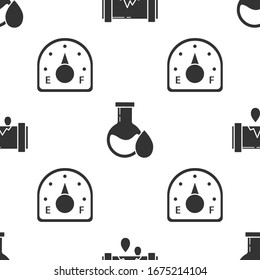 Set Broken metal pipe with leaking water, Oil petrol test tube and Motor gas gauge on seamless pattern. Vector