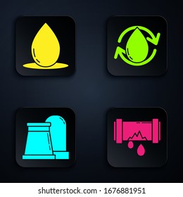 Set Broken metal pipe with leaking water, Oil drop, Oil and gas industrial factory building and Oil drop. Black square button. Vector