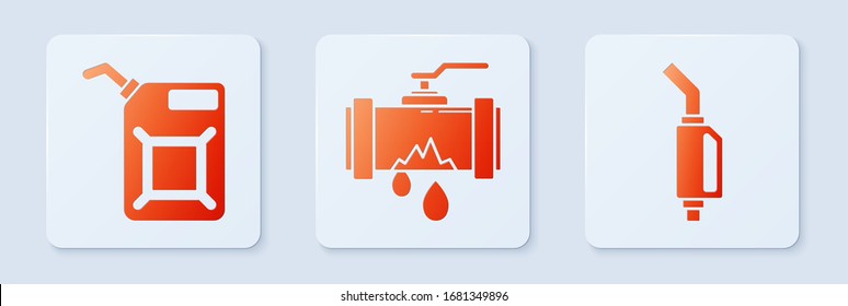 Die Rohre aus zerbrochenem Metall mit undichtem Wasser, Gaskanister und Benzinpumpendüse. Weißer Quadrat-Knopf. Vektorillustration