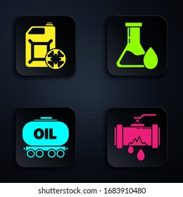 Set Broken metal pipe with leaking water, Antifreeze canister, Oil railway cistern and Oil petrol test tube. Black square button. Vector