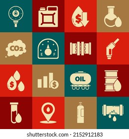 Set Broken metal pipe with leaking water, Barrel oil, Gasoline pump nozzle, Drop crude price, Motor gas gauge, CO2 emissions cloud,  and Industry metallic pipes and valve icon. Vector