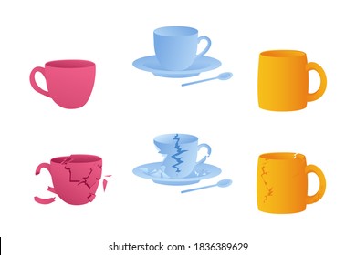 Set Of Broken Mugs On A White Background. The Tea Cup Is Broken. Bright Drinks Mugs.