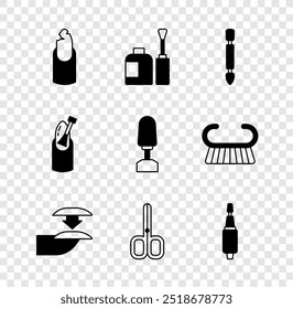 Set Broken nail, Bottle of polish, Cuticle pusher, False nails, Nail scissors, Milling cutter for manicure,  and  icon. Vector