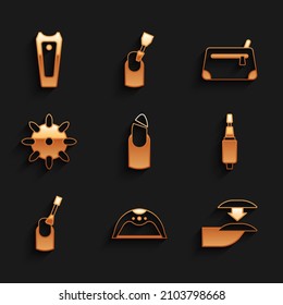 Set Broken nail, Manicure lamp, False nails, Milling cutter for manicure, Nail, Cosmetic bag and  icon. Vector