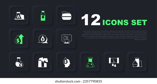 Colocar tubería de petróleo rota con válvula, almacenamiento de tanques de petróleo, símbolo de caída del dólar, tubo de ensayo de gasolina, aumento de precios y fábrica industrial de gas, e icono. Vector