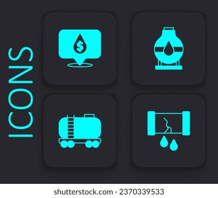 Set Broken oil pipe with valve, Oil drop dollar symbol, tank storage and railway cistern icon. Black square button. Vector