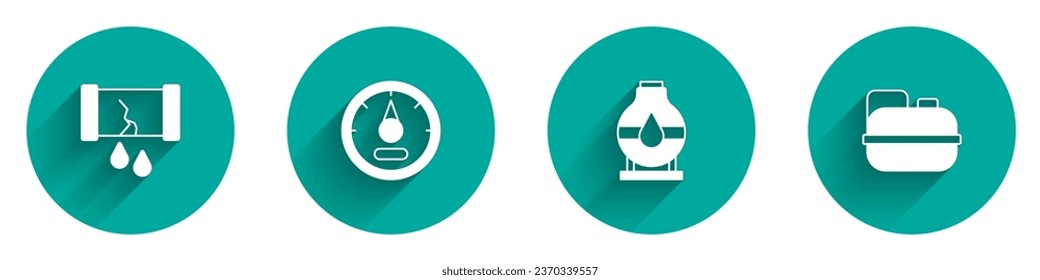 Fijar tubería de aceite rota con válvula, Gálibo de gas del motor, depósito del depósito de aceite y cartucho para el icono de gasolina con sombra larga. Vector