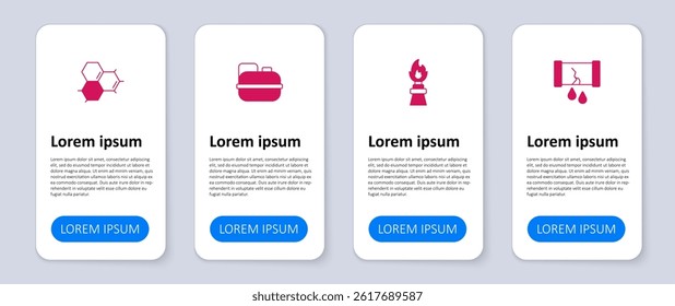 Set Broken oil pipe with valve, Oil rig fire, Canister for gasoline and Molecule. Business infographic template. Vector