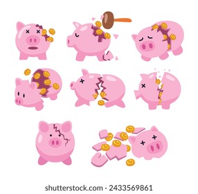 Set of broken piggy bank set collection, Earning money, savings, investment, finance, budet, Financial crisis, recession, business advertising concept, money loss with hammer and coins.