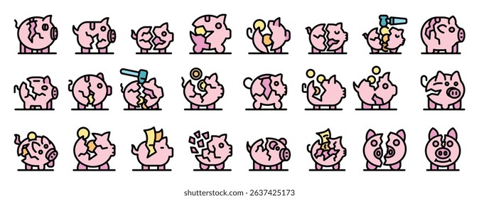 Set of broken piggy bank icons illustrating concepts of financial crisis, bankruptcy, economic hardship, and savings depletion