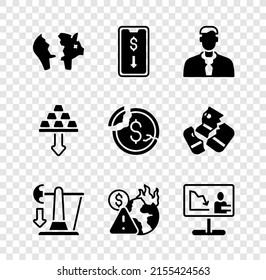 Set Broken piggy bank, Mobile stock trading, Worker, Drop crude oil price, Global economic crisis, news, Gold bars and Dollar rate decrease icon. Vector