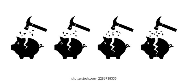 Set of broken piggy bank vector icons. Smashed or cracked piggy bank with hammer. Lose savings. Break money box.