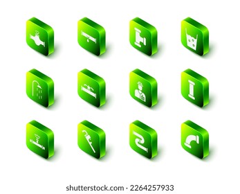 Set Broken pipe with leaking water, Industry metallic, Glass, Plumber,  and Pipe adjustable wrench icon. Vector