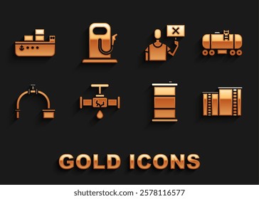 Set Broken pipe with leaking water, Oil railway cistern, industrial factory building, Barrel oil, Industry and valve, Nature saving protest, tanker ship and Petrol gas station icon. Vector