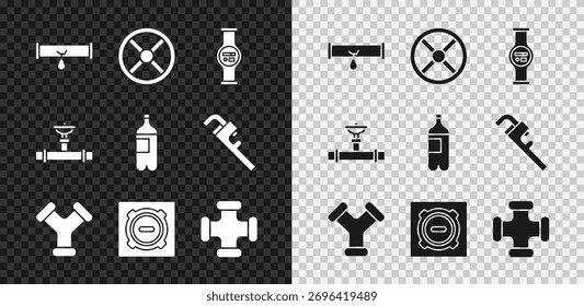 Conjunto de tubería rota con fugas de agua, válvula de la industria, medidor de agua, metálico, tapa de alcantarillado de boca y botella de icono. Vector