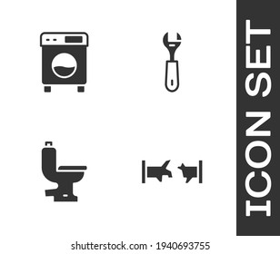 Set Broken pipe, Washer, Toilet bowl and Wrench spanner icon. Vector