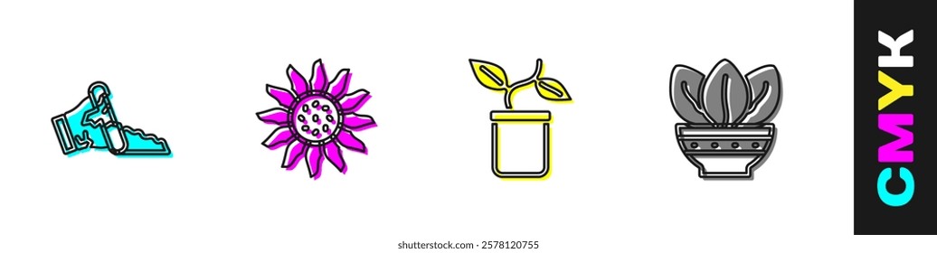 Set Broken pot, Flower, Plant in and  icon. Vector
