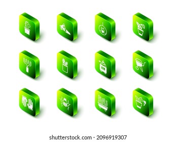 Set Broken pot, Plant in hanging, Flower, Wheelbarrow with dirt, Spraying plant, Garden sprayer for fertilizer,  and Beetle bug icon. Vector