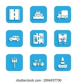 Set Broken road, Bicycle, Traffic cone, Bus, Road traffic signpost, Hatchback car, Delivery cargo truck and  icon. Vector