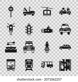 Fahren Sie mit der Schnellstraße, Hüttenwagen, Polizei und Flasher, Kabel, Ampel, Scooter, Geschwindigkeitsbegrenzung und U-Boot-Symbol. Vektorgrafik