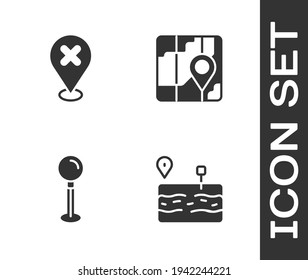 Set Broken road, Location with cross mark, Push pin and City map navigation icon. Vector