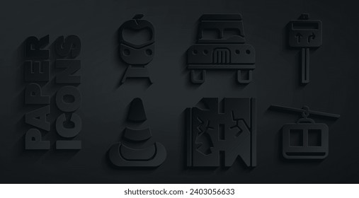 Set Broken road, Road traffic signpost, Traffic cone, Cable car, Car and Train and railway icon. Vector