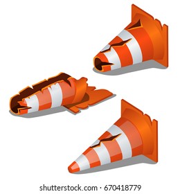 A set of broken safety sign traffic cone isolated on a white background. Cartoon vector close-up illustration.