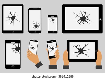 Set Of Broken Screen Of Smart Phone And Digital Tablet. Flat Vector Illustration