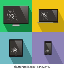 Set Of Broken Screen Of Smart Phone, Computer, Notebook, Tv, Monitor And Digital Tablet. Flat Vector Illustration With Long Shadow