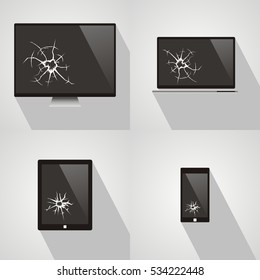 Set Of Broken Screen Of Smart Phone, Computer, Notebook, Tv, Monitor And Digital Tablet. Flat Vector Illustration With Long Shadow