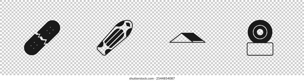 Set Broken skateboard deck, Skateboard, park and wheel icon. Vector